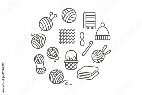 Knitting Line Icons. Line style icons of knitting in round shape: yarn, knitting needles, ball of wool, scarf; sweater pattern,