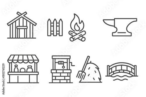 Viking Village Icons. Line style icons of Viking village: wooden hut, fence, bonfire, blacksmith anvil, marketplace stall, well,