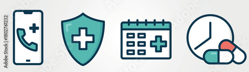 Medical icons. Healthcare, online doctor and health protection symbols. Isolated vector color images. Hand drawn original illustrations.