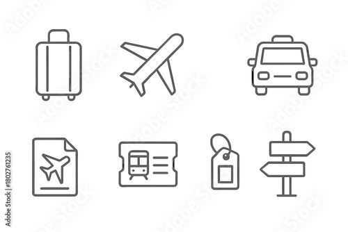 Travel Ride Icons. Line style icons of Travel Ride: Suitcase, Airplane, Shuttle Bus, Taxi, Boarding Pass, Train Ticket, Luggage