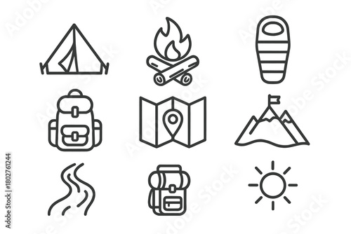 Bike Adventure Icons. Line style icons of Bike adventure: tent, campfire, sleeping bag, backpack, map, mountain peak, river, sun,