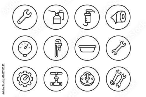 Engine Room Tools Icons. Line style round vector icons of Engine Room Tools: Wrench, Oil Can, Grease Gun, Rag Roll; Gauge Key,