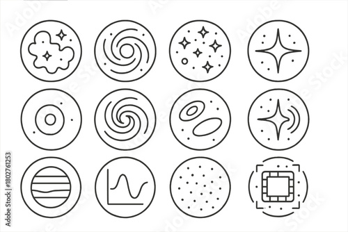 Deep Sky Objects Icons. Line style round vector icons of Deep Sky Objects: Nebula Icon, Spiral Galaxy, Star Cluster, Supernova;