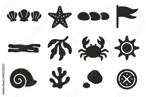 Sandcastle Decoration Icons. Solid style icons of Sandcastle Decorations: seashell row, starfish detail, pebble line, feather flag