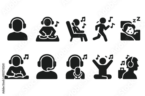 Music Listening Icons. Solid style icons of Music listening: person with headphones, DJ with headset, relaxing listener, running
