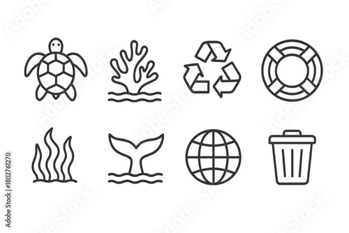 Marine Conservation Icons. Line style icons of Marine Conservation: Turtle, Coral, Recycling Symbol, Lifebuoy, Seaweed, Whale Tail
