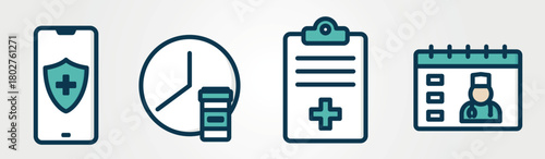 Medical icons. Healthcare, online doctor and health protection symbols. Isolated vector color images. Hand drawn original illustrations.