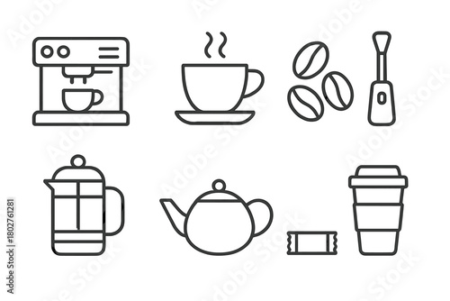 Coffee Shop Icons. Line style icons of Coffee Shop: Espresso Machine, Coffee Cup, Coffee Beans, Milk Frother, French Press, Sugar