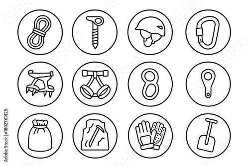 Ice Climbing Gear Icons. Line style round vector icons of Ice Climbing: Climbing Rope, Ice Screw, Helmet, Carabiner; Crampons,