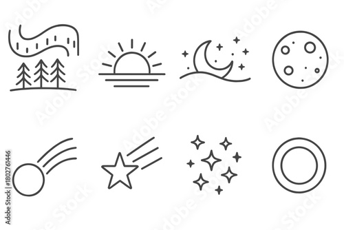 Sky Phenomena Icons. Line style icons of Sky phenomena: northern lights, midnight sun, polar night, full moon, comet, shooting