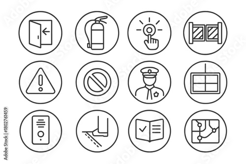 Subway Safety Icons. Line style round vector icons of Deep Sky Objects: Nebula Icon, Spiral Galaxy, Star Cluster, Supernova;