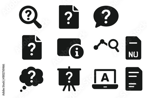 Query Icons Collection. Solid style icons of Queries: magnifier with question, document with question, search bubble, unknown file