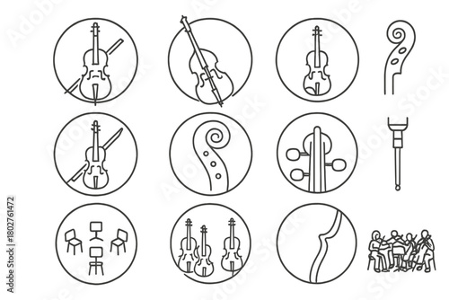 Orchestral Strings Icons. Line style icons of orchestral strings in round shape: cello, double bass, viola, violin section; bow on