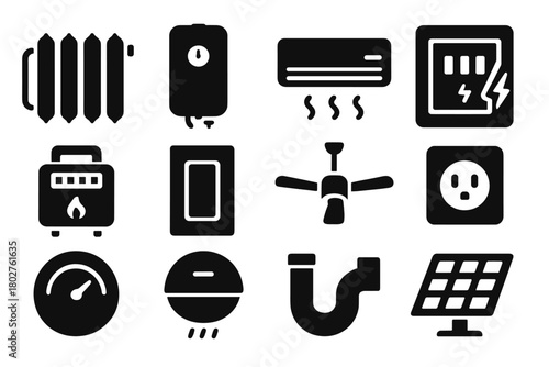 Home Utility Icons. Solid style icons of home utilities: radiator, water heater, air conditioner, fuse box, gas meter, light