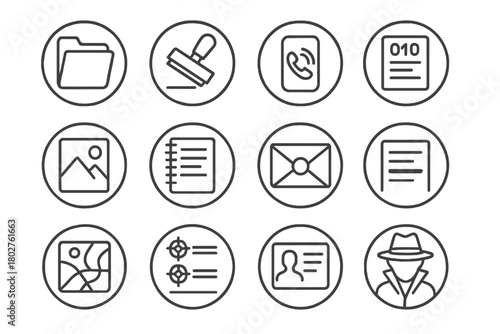 Secret Intel Icons. Line style icons of secret intel in round shape: top secret folder, classified stamp, intercepted call,