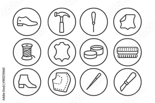 Shoemaking Tools Icons. Line style circular vector icons of Shoemaking: Last, Hammer, Awl, Sole; Thread, Leather Piece, Shoe