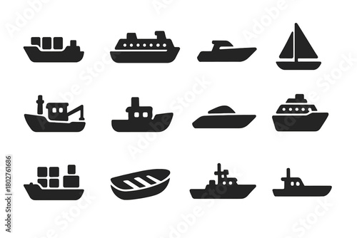 Solid Ship Icons. Solid style icons of ships and boats: cargo ship, passenger ferry, motorboat, sailboat icon, fishing boat,