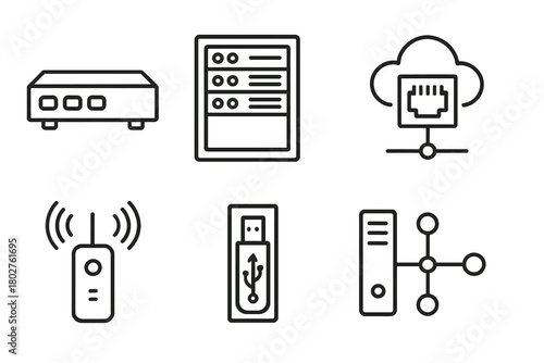 Networking Devices Icons. Line style icons of Networking devices: switch, server rack, ethernet port, cloud connection, signal