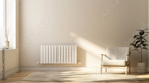Minimalist living room with beige armchair, wooden floor, white radiator, potted plant, and sunlight through window.