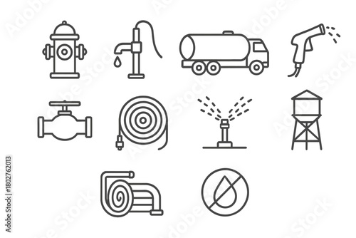 Water Supply Icons. Line style icons of Water supply: hydrant, pump, tanker truck, nozzle, valve, hose reel, sprinkler, water