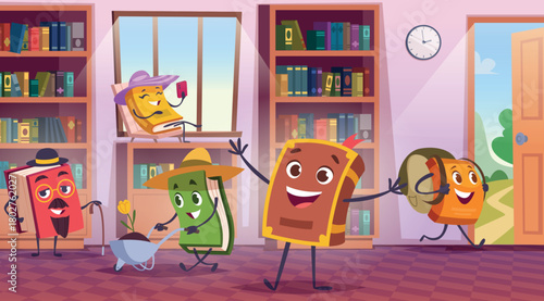 Books in library. Study concept background with books characters with cute emotional faces and different poses exact vector illustration