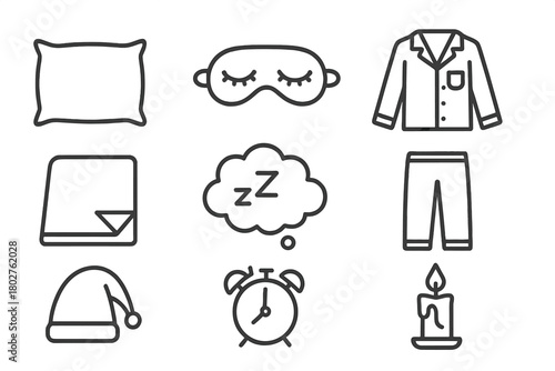 Sleeping Essentials Icons. Line style icons of Sleeping: Pillow, Eye Mask, Pajamas, Blanket, Dream Cloud, Bedside Clock, Nightcap,