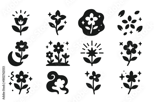 Mystical Bloom Icons. Solid style icons of Mystical Blooms: glowing flower, enchanted blossom, magical aura, floating petals,