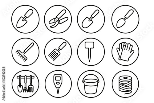 Gardening Tools Icons. Line style icons of gardening tools in round shape: hand trowel, pruning shears, soil scoop, dibber; rake,
