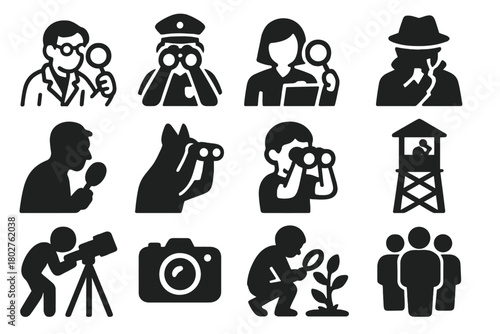 Solid Observation Icons. Solid style icons of Observation: scientist observing, guard observing, teacher observing, detective