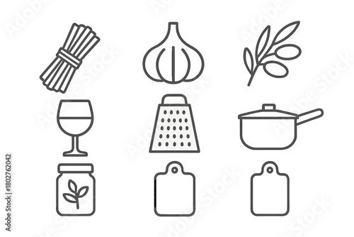 Italian Kitchen Icons. Line style icons of Italian Kitchen: Pasta, Garlic Bulb, Olive Branch, Wine Glass, Parmesan Grater,