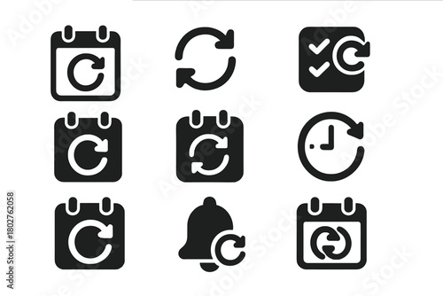 Recurring Dates Icons. Solid style icons of recurring and repeating dates: looped calendar icon, repeat event symbol, recurring