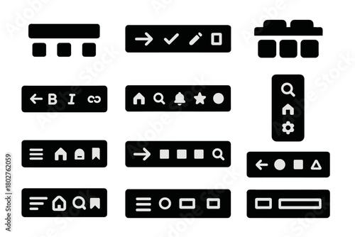 UI Toolbar Icons. Solid style icons of toolbars and headers: top bar menu, navigation header, action toolbar, tabbed menu icon,