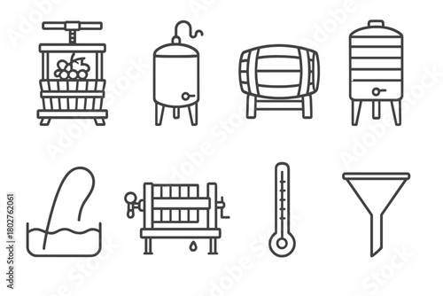 Wine Production Icons. Line style icons of Wine production: grape press, fermentation tank, oak cask, stainless vat, siphon tube,