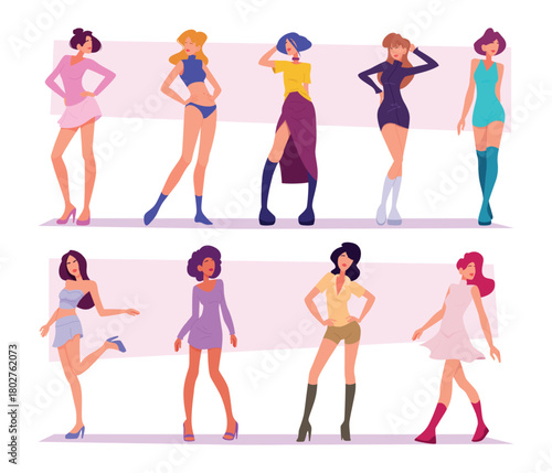 Fashioned characters. Stylized beauty woman illustration for fashion magazine exact vector cartoon set