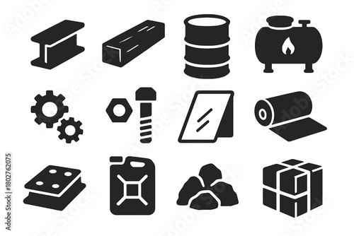 Material Icons Collection. Solid style icons of Materials: steel beam, wood plank, oil barrel, chemical tank, gear parts, nuts and