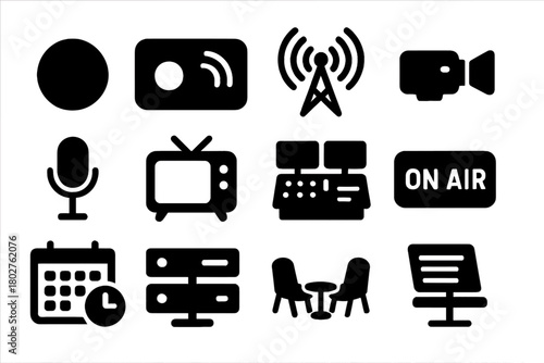 Broadcast Icons Collection. Solid style icons of recording and broadcasting: red record dot, live stream icon, broadcast antenna,
