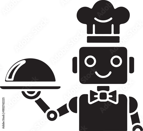 Chef robot serving food on a tray, a futuristic concept of automated kitchen service and hospitality technology icon vector