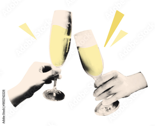 Hands holding champagne flute glasses halftone collage element Celebratory toast, cheers, party Cutout magazine shapes, grunge holiday design Modern retro vector illustration on transparent background