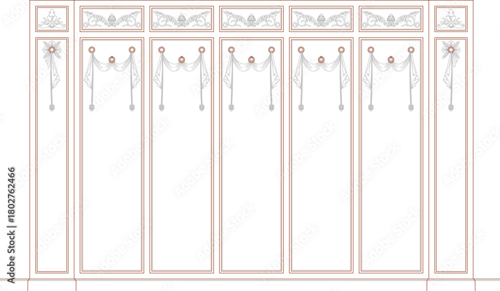 Fototapeta premium Vector elevation set of ornate wall panels with classical friezes and interior drapery/swag decoration.