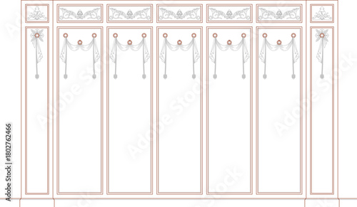 Vector elevation set of ornate wall panels with classical friezes and interior drapery/swag decoration.