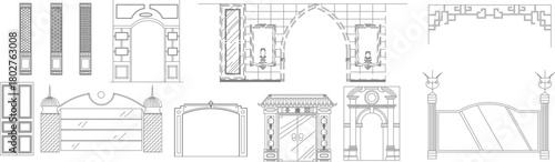Vector elevation set of highly ornamental arches, decorative screens, door frames, and cultural architectural gateways.