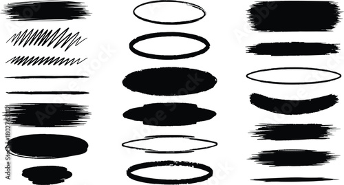 Collection of black paint brush strokes and oval shapes