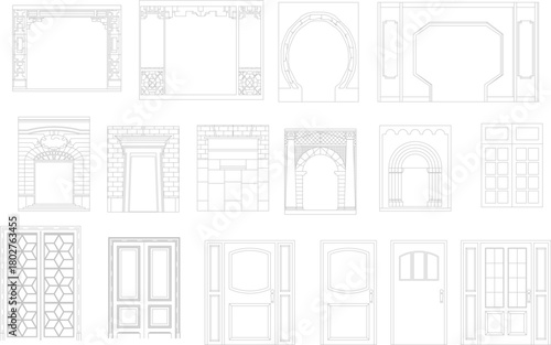 Vector elevation set of ornate archways, decorative door frames, and classic paneled doors for architectural detailing.