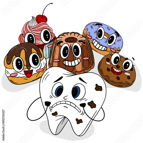 Hand-drawn cute children’s illustration of sweets with funny faces attacking tooth. Playful educational design showing candies as “sugar monsters” that cause tooth damage