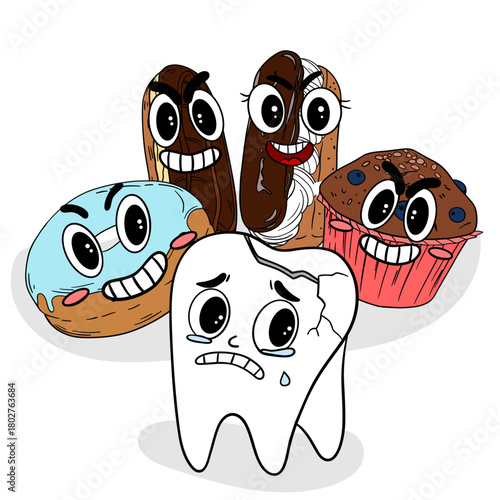 Hand-drawn cute children’s illustration of sweets with funny faces attacking tooth. Playful educational design showing candies as “sugar monsters” that cause tooth damage