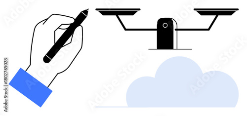 Hand holding pen creating balanced scale over cloud, signifying fairness, decisions, innovation. Ideal for justice, creativity, equality, cloud technology law design impartiality. Simple flat