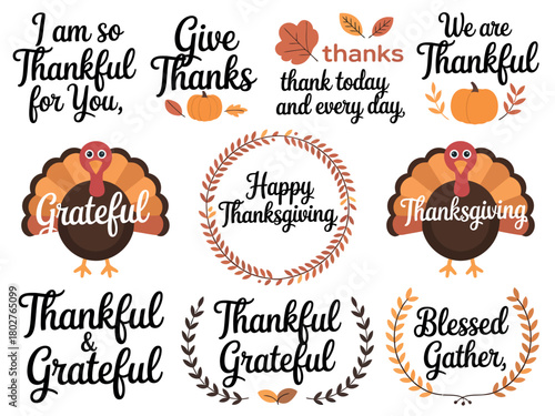Collection of festive Thanksgiving phrases and illustrations celebrating gratitude and togetherness