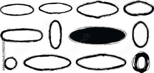 Collection of hand drawn oval and ellipse shapes with textured borders