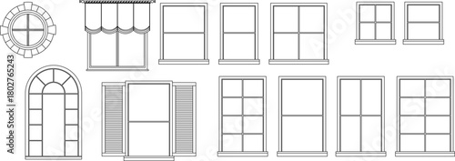 Vector elevation set of windows, doors, and curtain treatments, featuring arch-top, grille, and multi-pane styles.