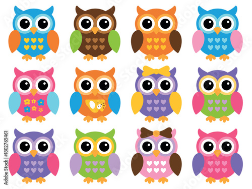 Wallpaper Mural A charming collection of twelve colorful, cartoon owls with big eyes and patterned bodies. Torontodigital.ca